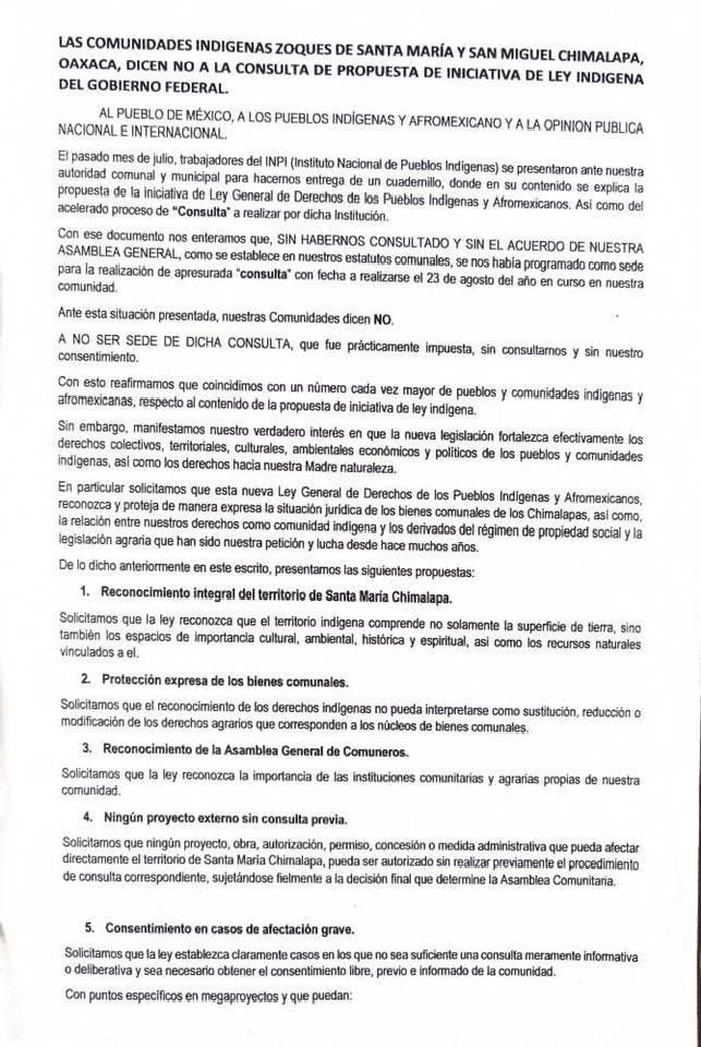 Comunidades zoques de los Chimalapas dicen NO a ser sede de la consulta