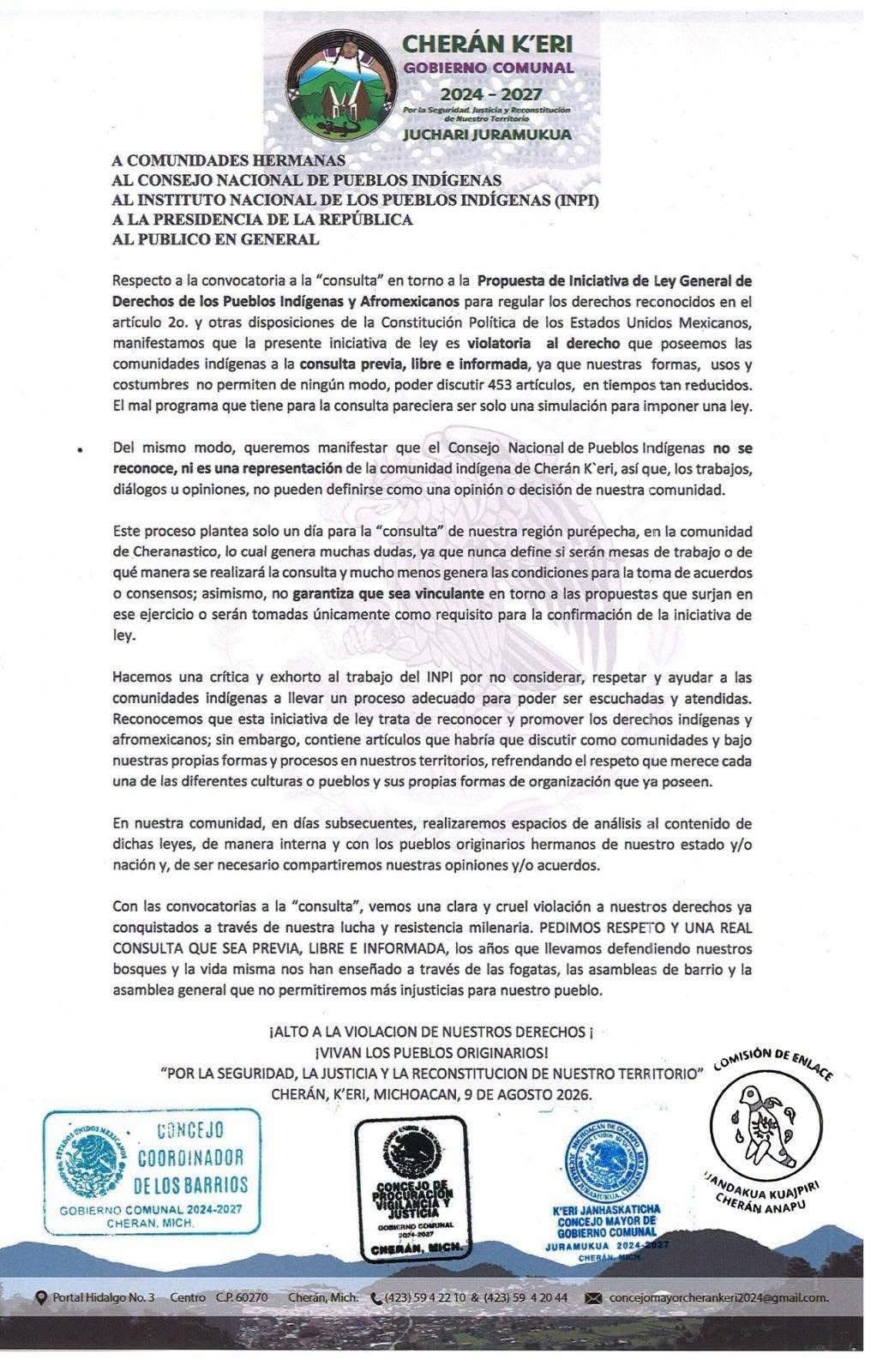 Pronunciamiento del Gobierno Comunal de Cherán K’eri