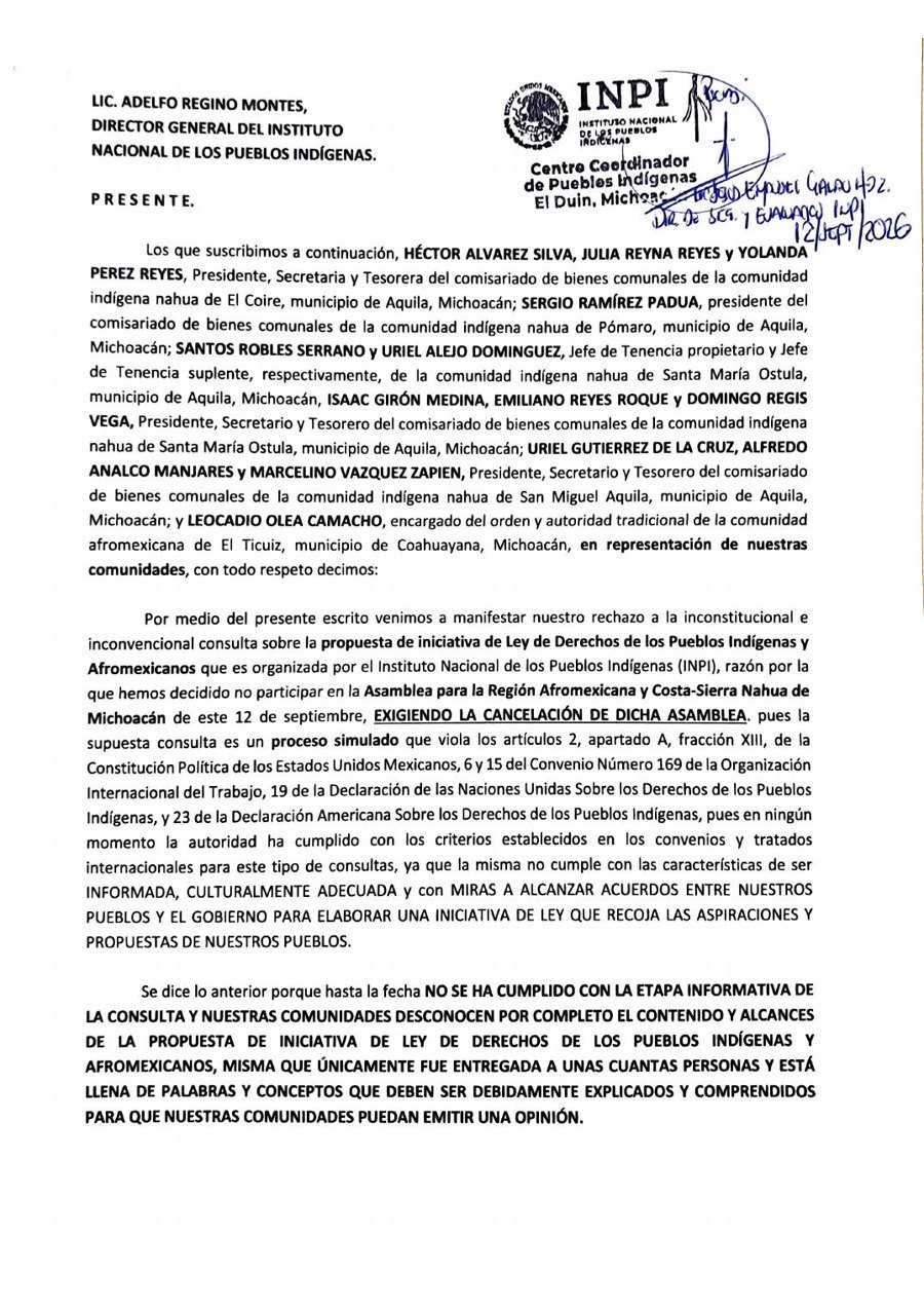 Escrito de las autoridades nahuas y afromexicana de la Costa-Sierra de Michoacán con el acuse de recibido del INPI