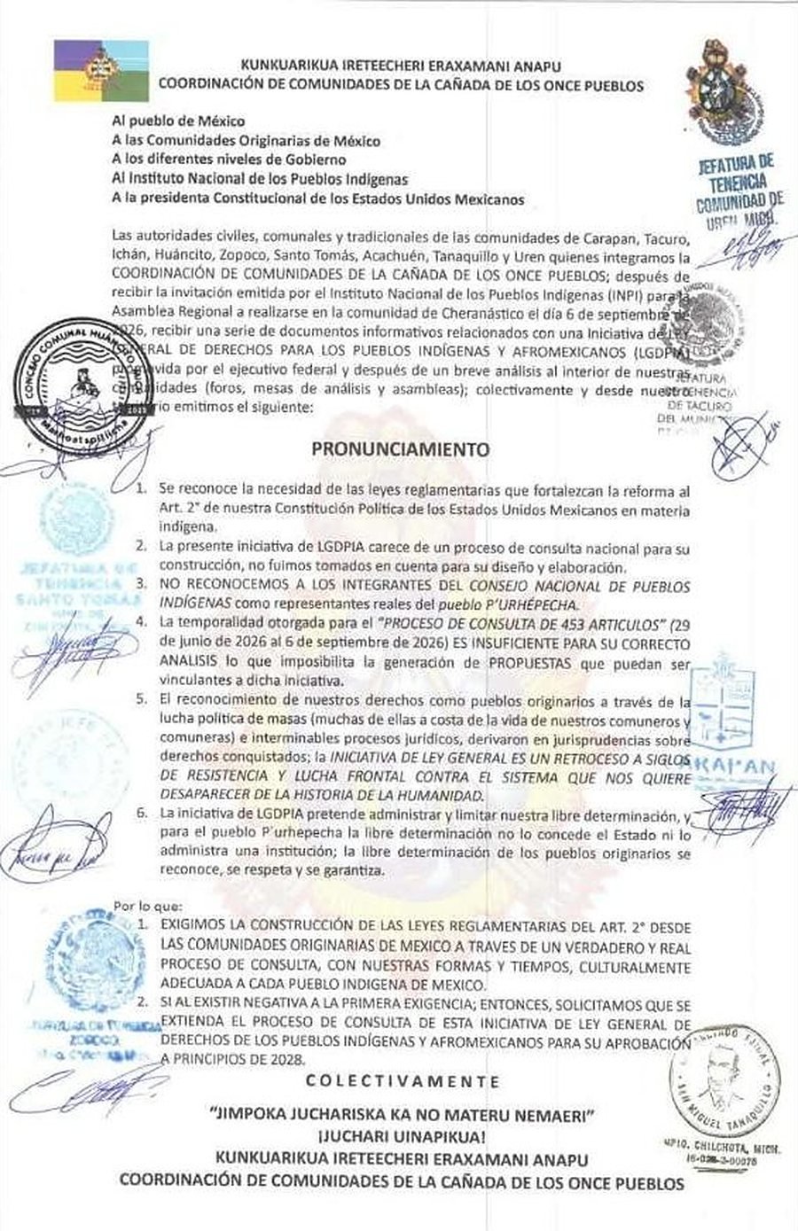 Pronunciamiento de la Coordinación de Comunidades de la Cañada de los Once Pueblos