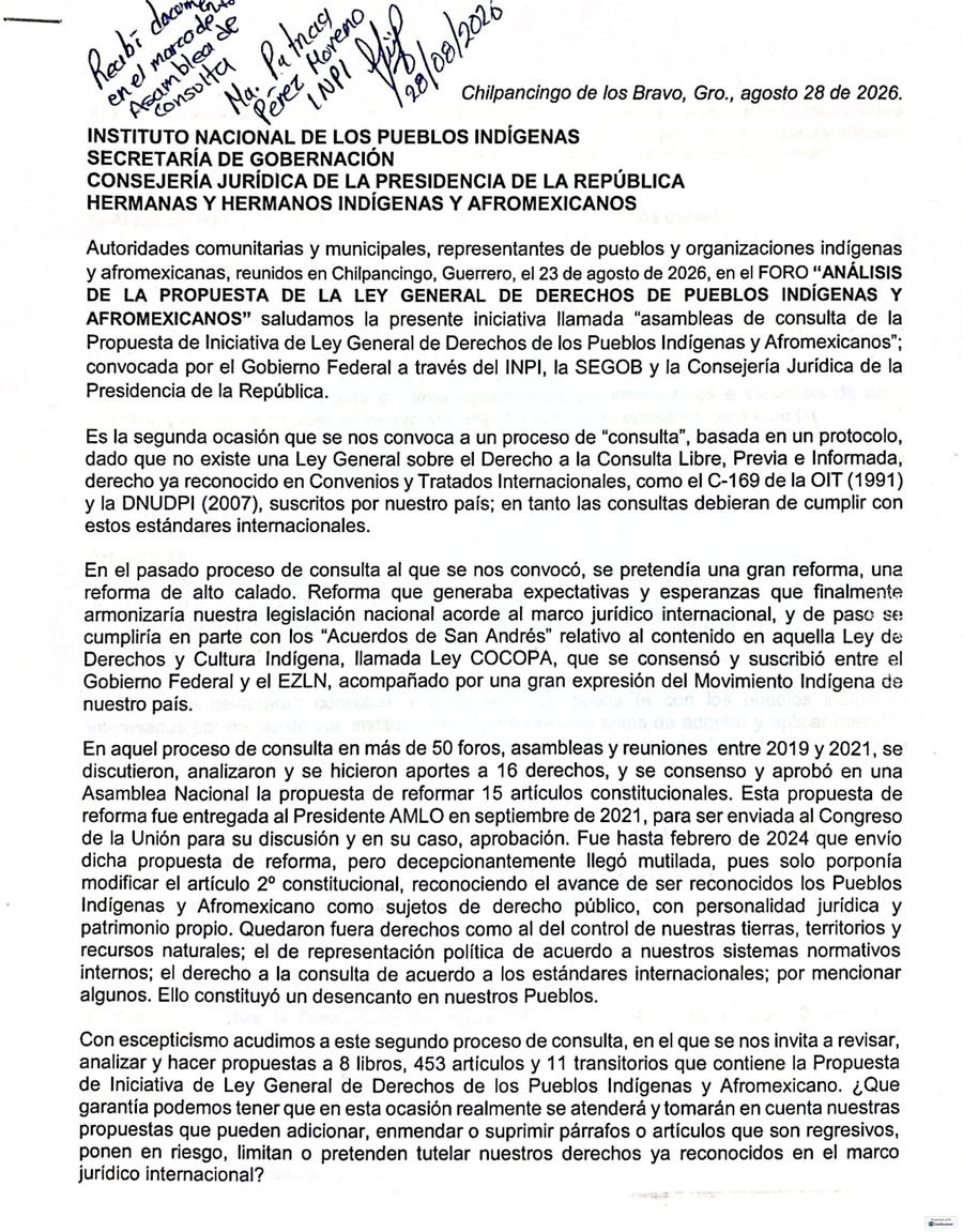 Primera página del posicionamiento del Foro de Chilpancingo, con el acuse de recibido del INPI