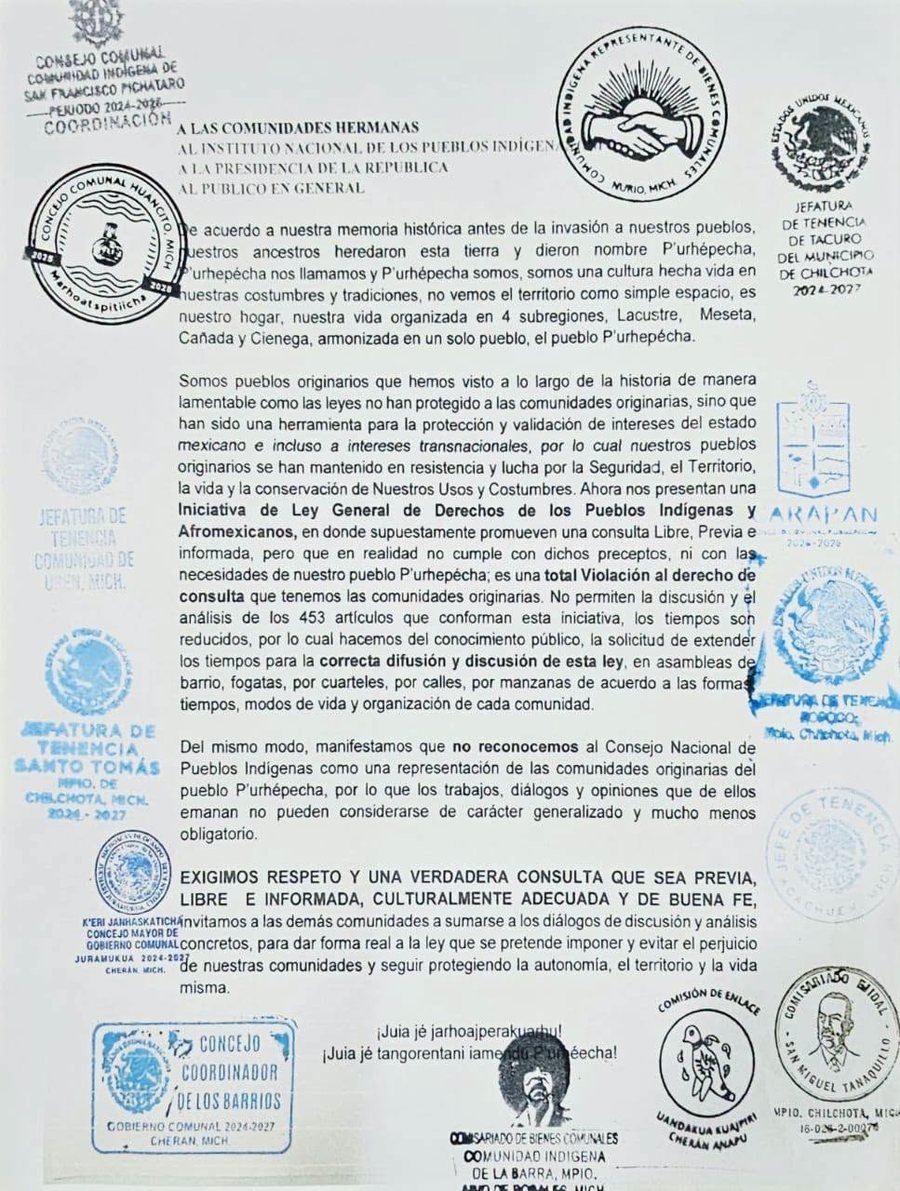 Pronunciamiento de las comunidades originarias de la región de la Sierra p'urhépecha con los sellos de sus autoridades