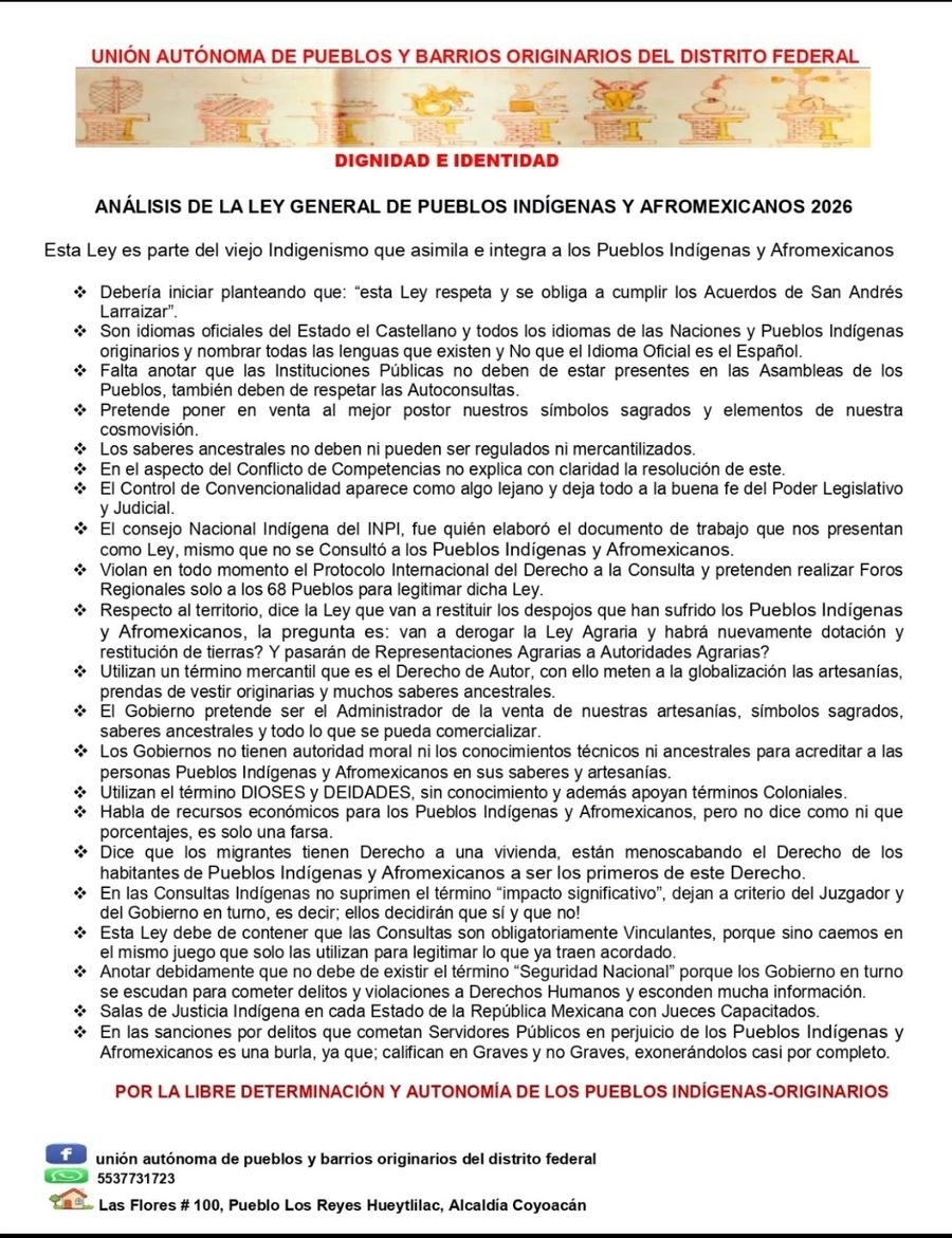 Documento de la Unión Autónoma de Pueblos y Barrios Originarios del Distrito Federal con su análisis de la Ley General de Pueblos Indígenas y Afromexicanos 2026