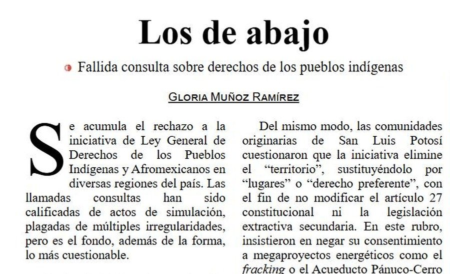 Fallida consulta sobre derechos de los pueblos indígenas, columna Los de abajo de Gloria Muñoz Ramírez en La Jornada