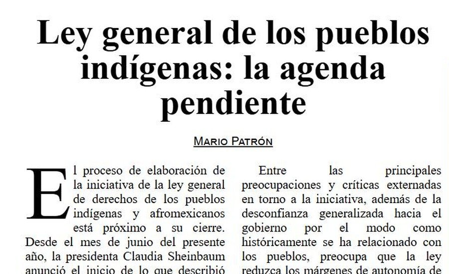 Ley general de los pueblos indígenas: la agenda pendiente, columna de Mario Patrón en La Jornada