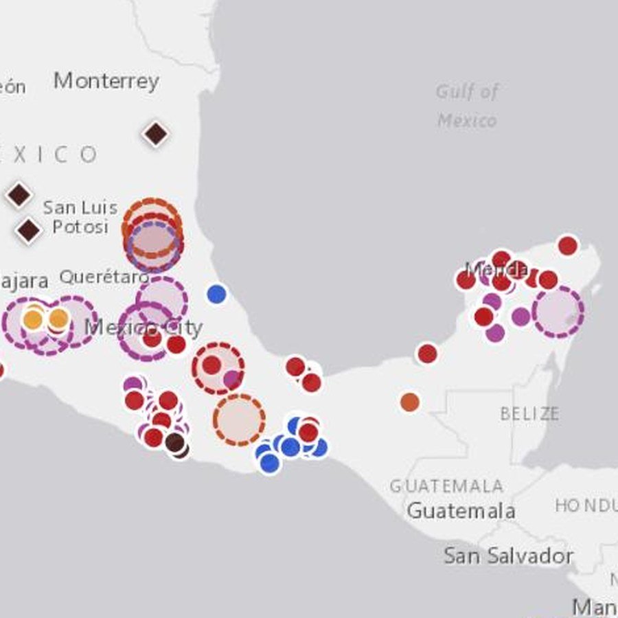 Vista del mapa de la inconformidad con los puntos de las comunidades que se han manifestado