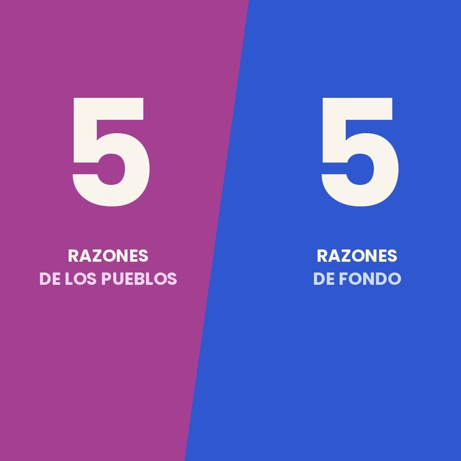 Cinco razones de los pueblos y cinco razones de fondo, en los colores púrpura y añil del sitio